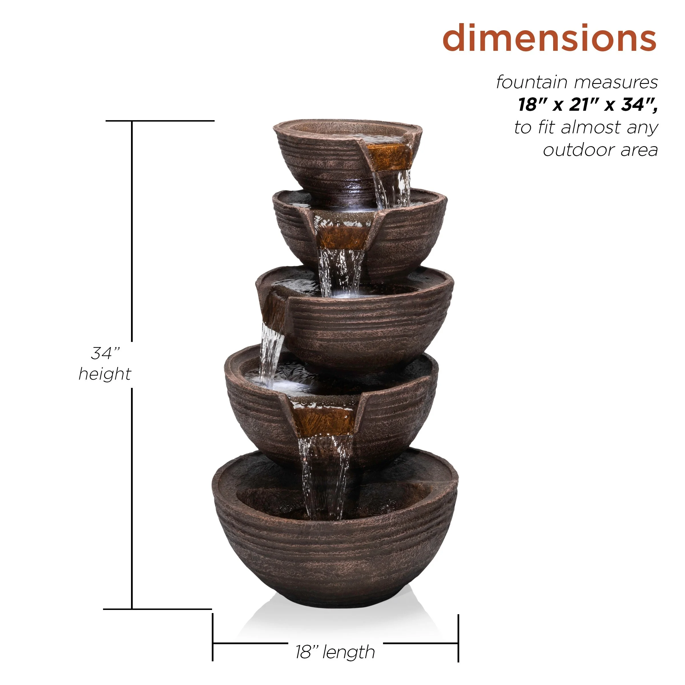 Alpine Corporation  34" Tall Outdoor 5-Tier Modern Bowl Cascading Waterfall Fountain with LED Lights