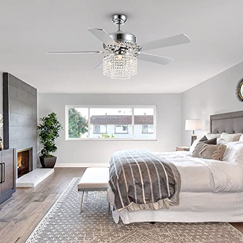 Moooni 52 Inch Modern Reversible Chandelier Fan with Lights and Remote, Elegant Crystal Fandelier Ceiling Light KIt for Bedroom Dining Room Silver