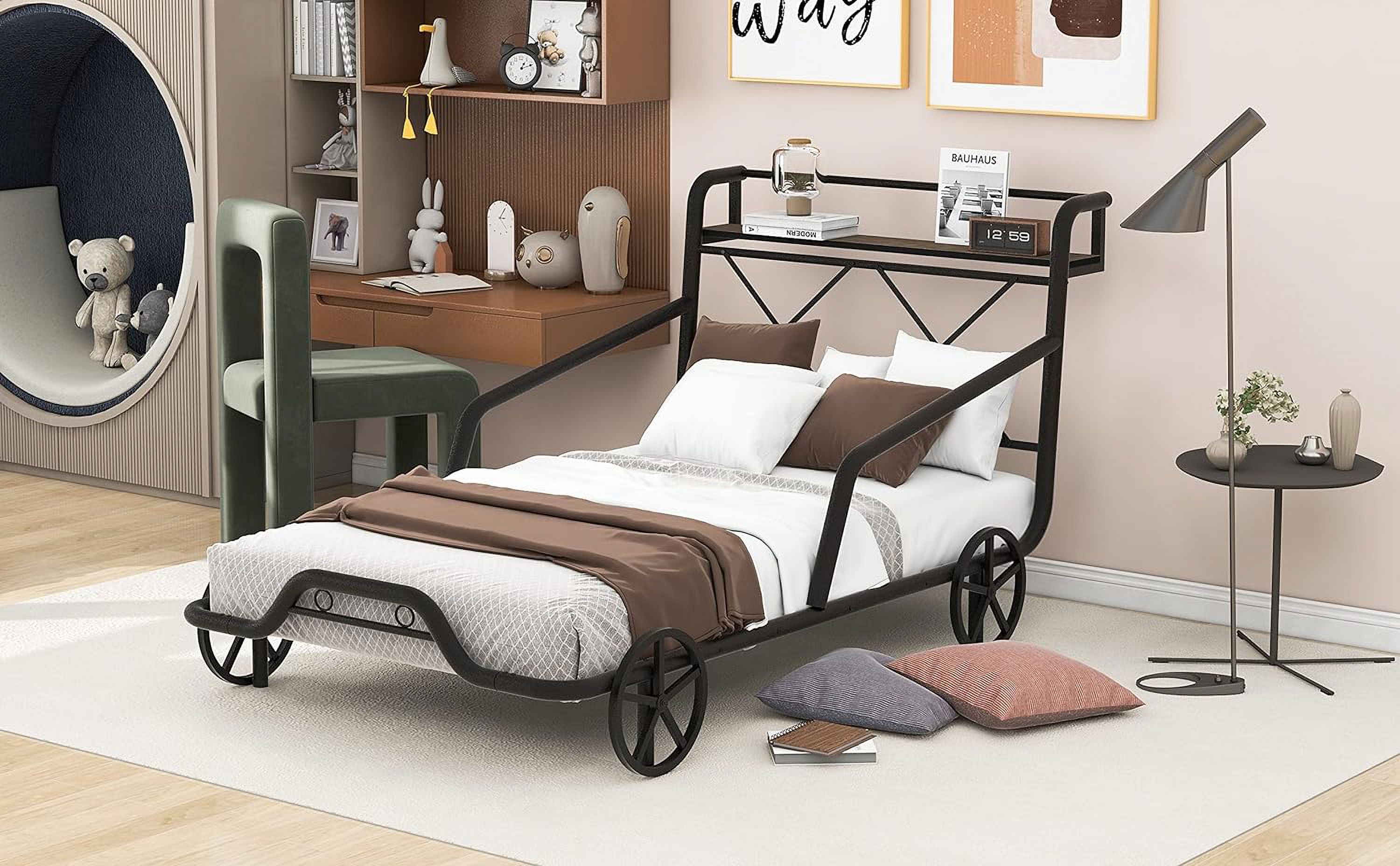 Size Metal Car Bed With Four Wheels For Boys Girls, Guardrails Ad X-Shaped Frame Shelf, Black