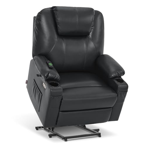 MCombo Power Lift Recliner Chair for Elderly, Lift Chair with Heat and Massage, FSC Certified, USB Ports, Cup Holders, Faux Leather 7040 (Black, Medium)