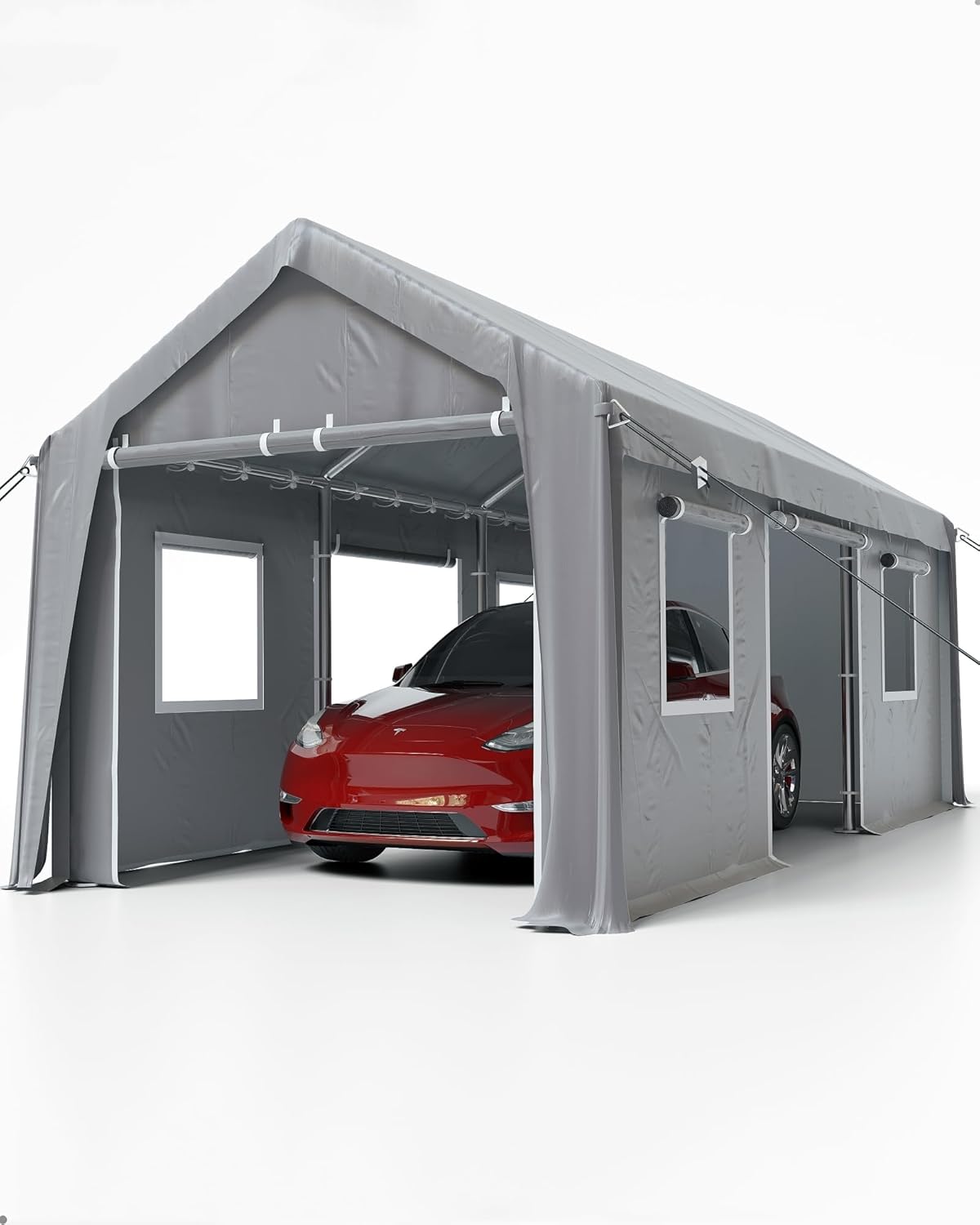 Carport 10'x20' Portable Garage Heavy Duty, 1.0 mm Steel Poles & 14 mil PE Tarp, with Front & Rear Doors, 2 Side Doors, and 4 Windows Screen, for Pickup Truck, and Boat, Silver Gray