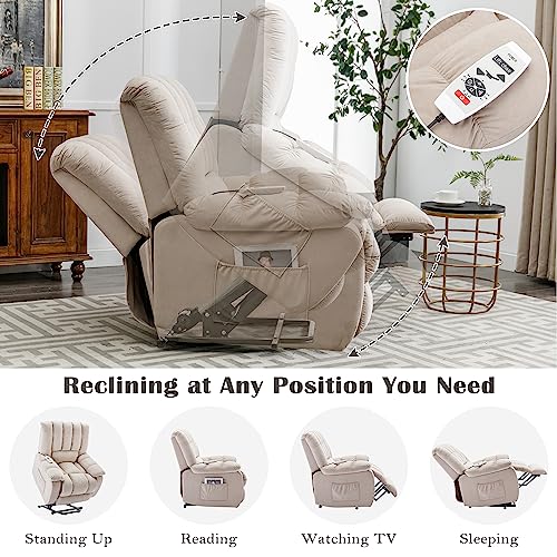 Velvet Recliner Chair, Electric Lift with Heat and Vibration for Living Room Massage, USB Port, Lazy Boy Chair Recliners Multi-Functional (Beige)