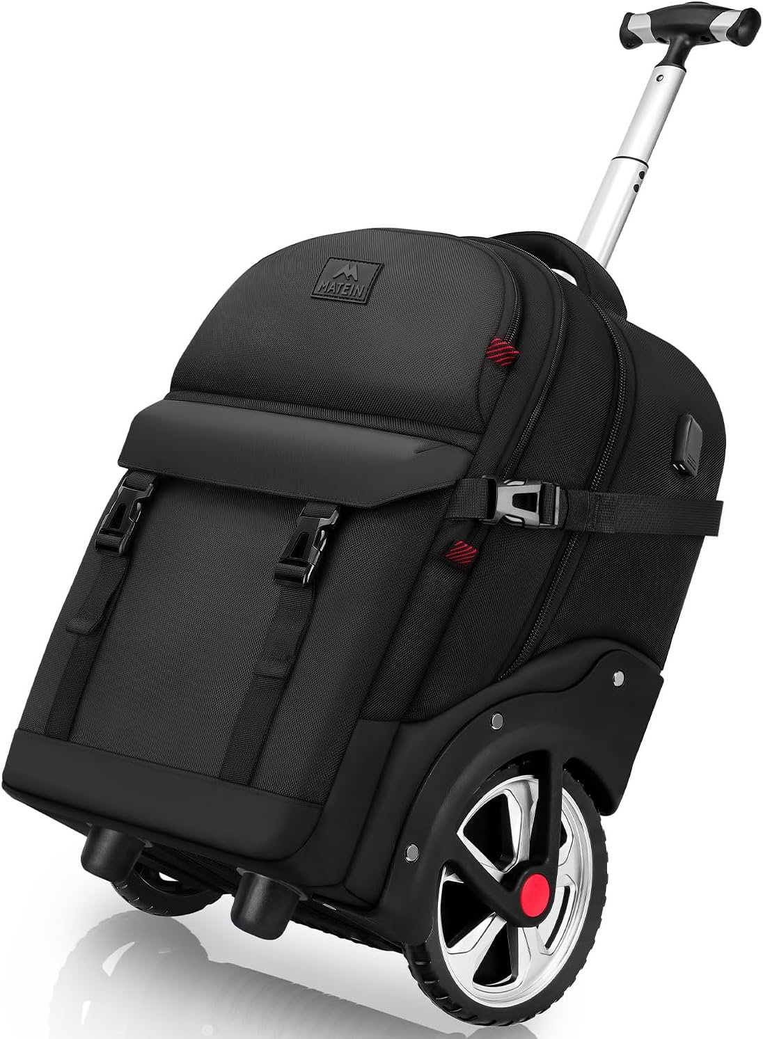 MATEIN Rolling Backpack for Adults with Wheels, 17 Inch Large Wheeled Backpack with USB Charging Port & Combination Lock, Water Resistant Anti Theft Travel Laptop Backpack for Men Work Business, Black
