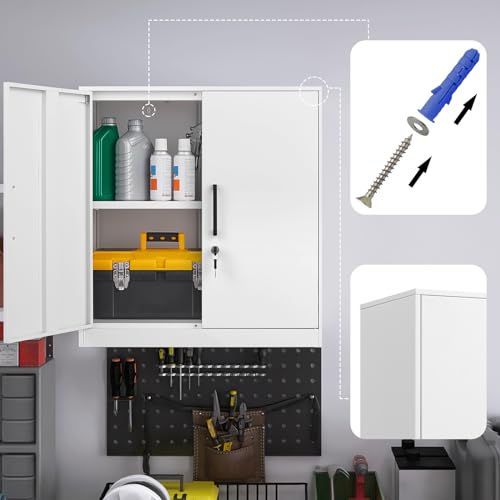 GREATMEET Metal Wall Cabinet, Wall Mount Metal Cabinet for Garage Storage, Locking Cabinet with Doors and Adjustable Shelf, Steel White Cabinet for Utility Room, Garage