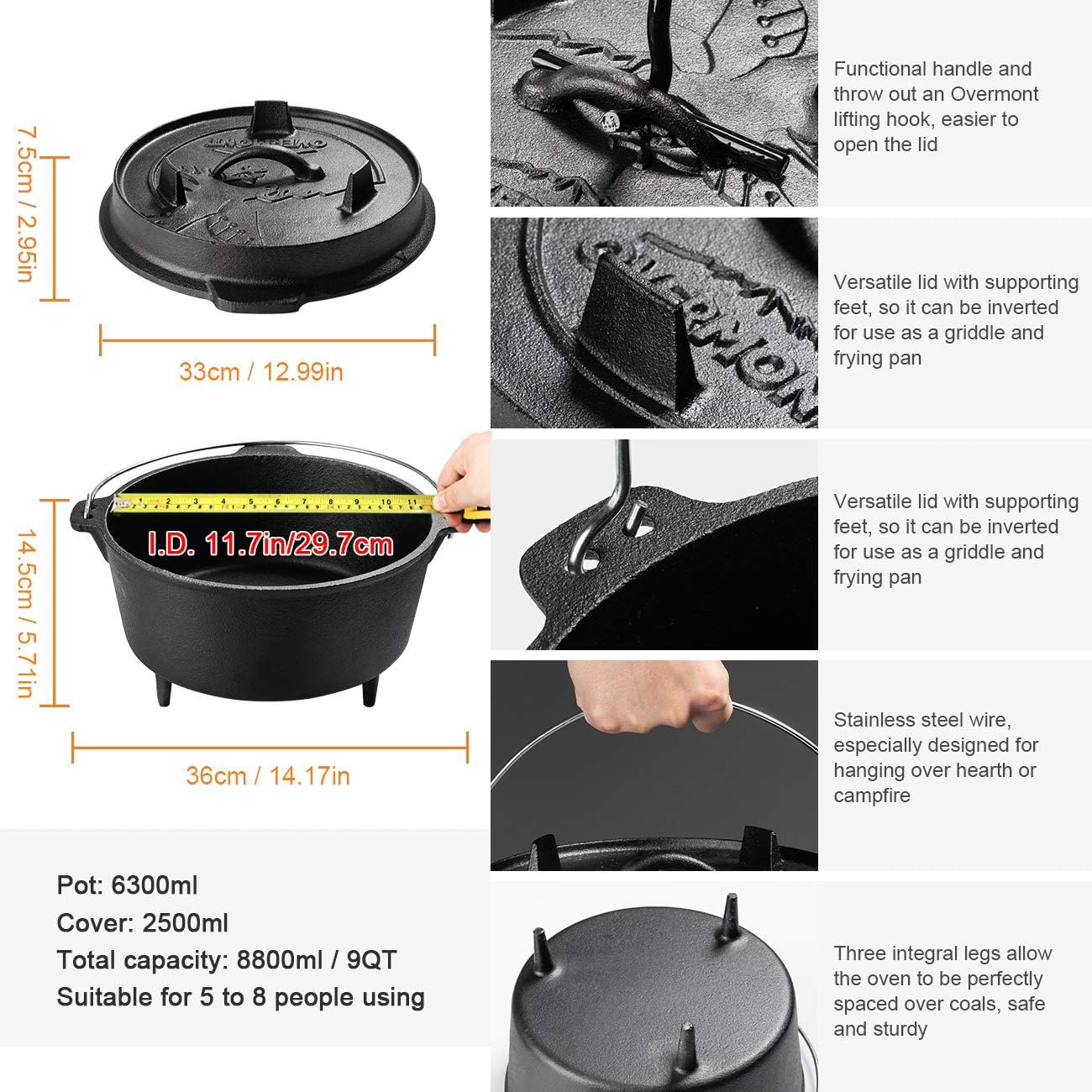 Overmont Camp Dutch Oven Pre Seasoned Cast Iron Lid Also a Skillet Casserole Pot with Lid Lifter for Camping Cooking BBQ Baking 9QT(Pot+Lid)