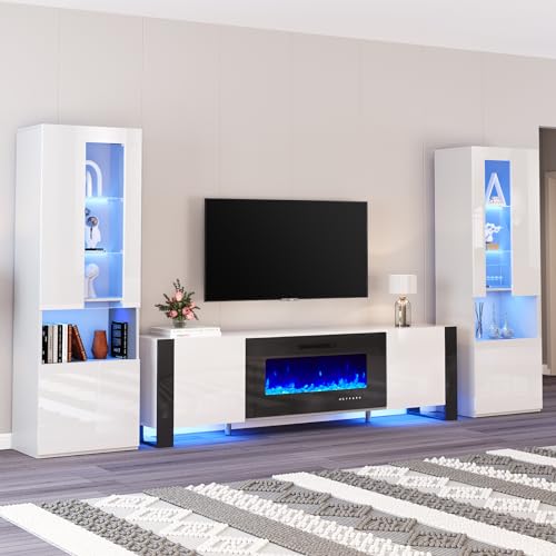 AMERLIFE Entertainment Center with 36" Fireplace and 2 Bookshelves, Includes TV Stand for TVs Up to 80in, Modern LED Lights TV Console for Living Room