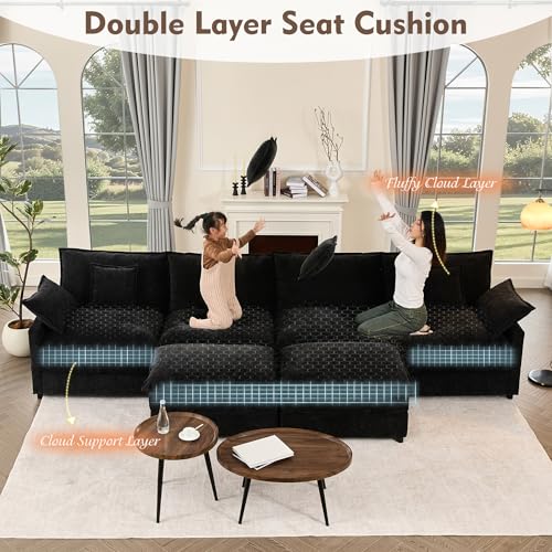 108" U Shaped Couch, Modular Sectional Sofa, 3-Seater Comfy Cloud Couch with Movable Ottoman, Deep Seat Couches for Living Room, Chenille, Black