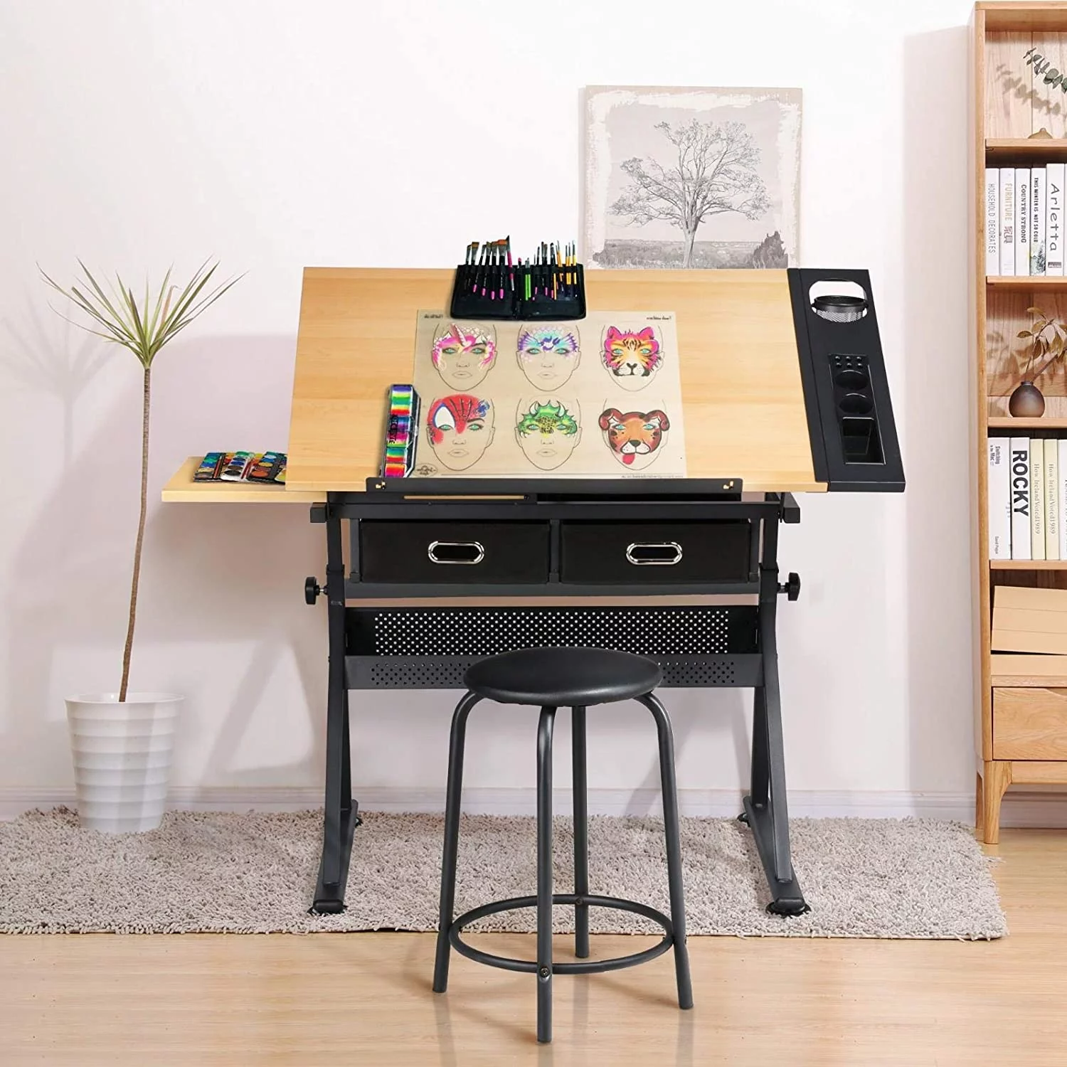 Height Adjustable Drafting Table Drawing Table Artist Desk Tilting Tabletop Art Craft Desk Watercolor Paintings Sketching Work Station w/2 Storage Drawers and Stool for Home Office