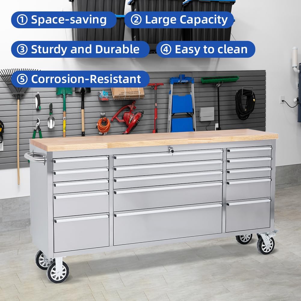 72-inch Stainless Steel Tool Chest with Wheels, 15 Drawers Rolling Storage Tool Cabinet, Heavy Duty Workbench Table with Wood Top, Lock and Liner, for Garage, Warehouse, Workshop