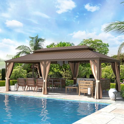 MELLCOM 12'x16' Hardtop Gazebo, Galvanized Steel Metal Double Roof Canopy with Curtains and Netting, Brown Permanent Pavilion Gazebos with Aluminum Frame for Garden, Patio, Lawns, Deck