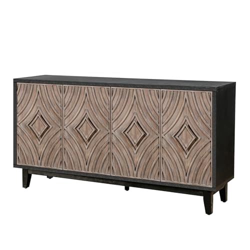 Mid Century Sideboard Buffet Cabinet with Solid Wood Legs, 60" Kitchen Storage Cabinet Credenza with 4 Convex Pattern Diamond Doors and 2 Shelves Accent Console Table, Antique Black