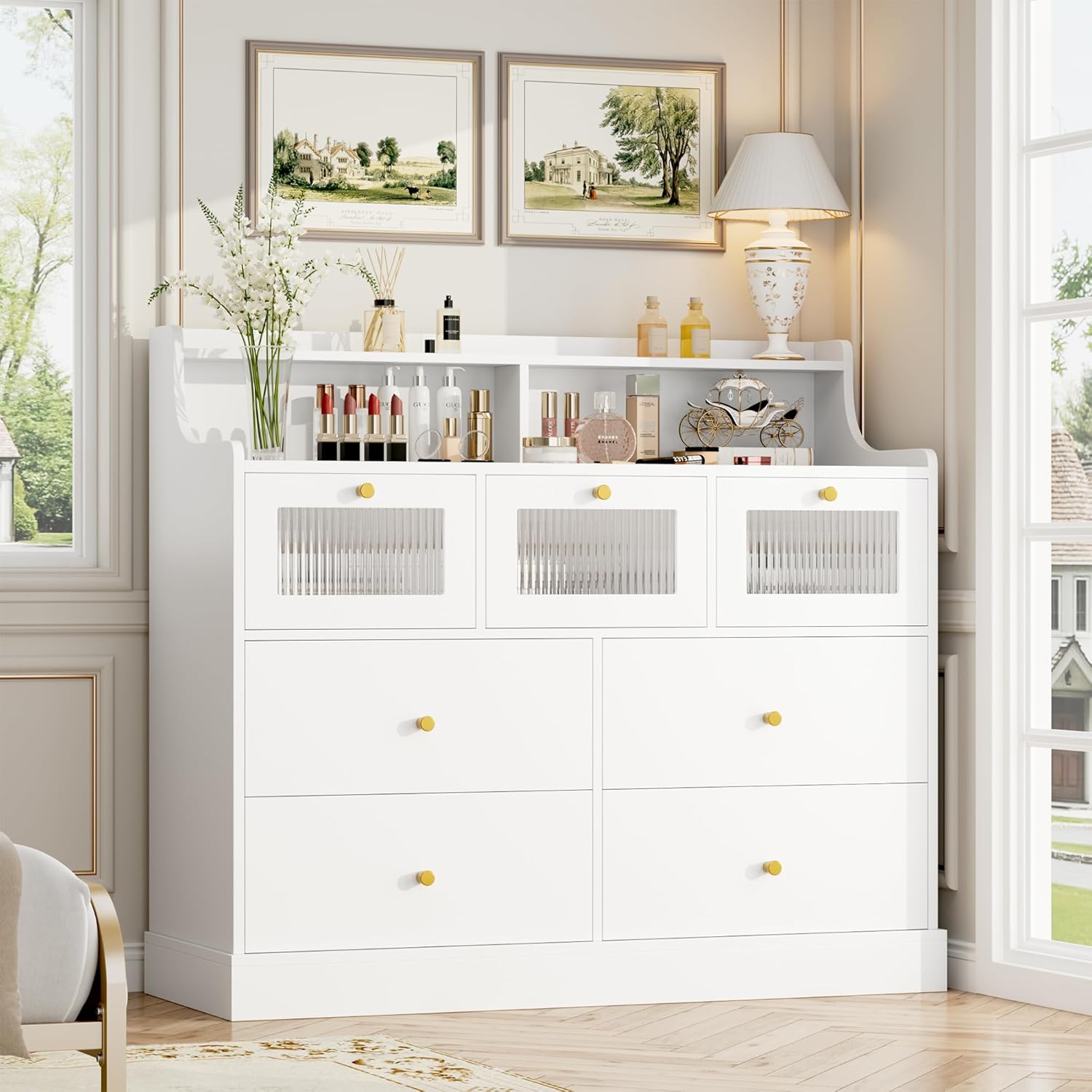 finetones 7 Drawer Dresser, White Dresser Double Dresser with Shelves, White and Gold Dresser, Wide Chest of Drawers, Dressers & Chests of Drawers, Large Wooden Storage White Dresser for Living Room