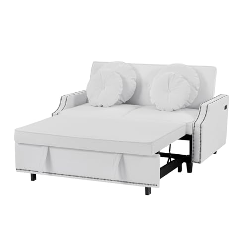Modern Convertible Sofa Bed with Adjustable Backrest and Pull-Out Bed, Stylish Design 2 Seat Sofa with Pillows and USB Ports, Perfect for Small Spaces, Beige