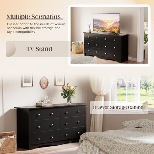 JUMMICO Dresser for Bedroom, 6 Wood Dresser Drawers, Wide Chest of Drawers, Storage Tower Unit, Modern Design for Bedroom, Living Room, Hallway, Entryway (Dark Brown)