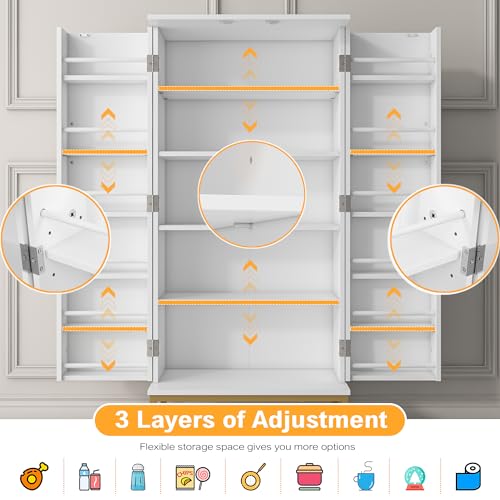 51” Pantry Cabinets, White Freestanding Kitchen Pantry Storage Cabinet with Adjustable Shelves, Buffet Cupboards Storage Cabinet for Home Office Use, White + Gold