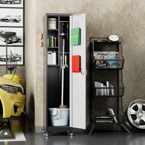 Aobabo 71" H×34" W×18" D Garage Metal Storage Cabinet with Wheels, Locking Steel Storage Cabinet with 5 Shelves and 4 Hooks, for Home Office, School, Assembly Required, Black Silver