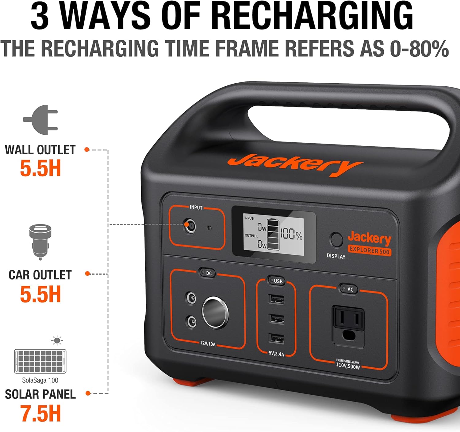 Jackery Portable Power Station Explorer 500, 518Wh Outdoor Solar Generator Mobile Lithium Battery Pack with 110V/500W AC Outlet (Solar Panel Optional) for Road Trip Camping, Outdoor Adventure