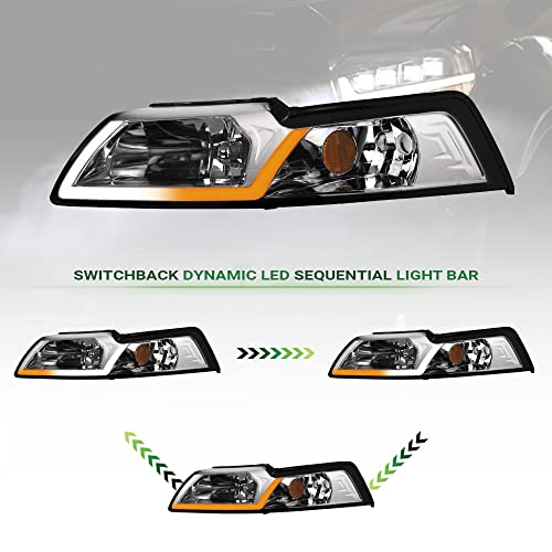 7422440591543 Compatible With 1999-2004 Ford Mustang Switchback Sequential LED Strip Bar Chrome Housing Headlights With Amber Reflector