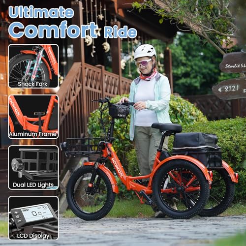 MOONCOOL Electric Tricycle for Adults, 500W/750W 48V 20" Folding Electric Trike Peak Power 1100W, 3 Wheels Electric Bicycle, Aluminum Frame Electric Tricycle with Large Basket and Removable Battery