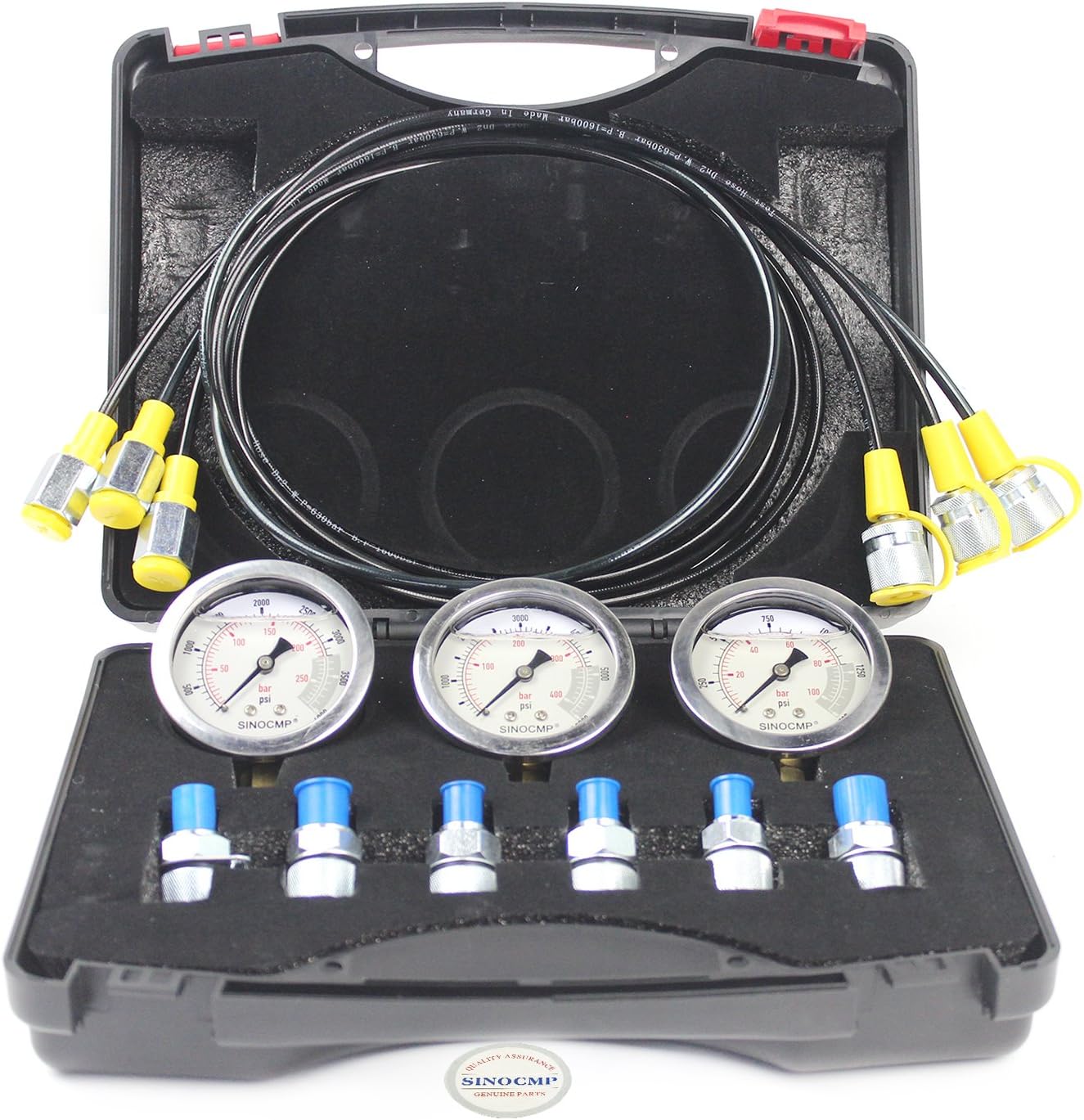 Upgraded Version Hydraulic Pressure Gauge Kit - SINOCMP Excavator Hydraulic Kit Stainless Steel Pressure Gauge Test Gauge Kit for Excavators, 2 Years Warranty
