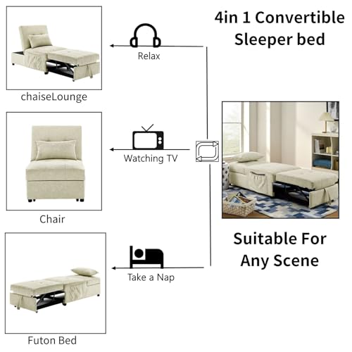 Sofa Bed Chair Sleeper, Modern 4-in-1 Convertible Sleeper Chair Bed,Breathable Fabric Sleeper Ottoman Bed for Bedroom Living Room Apartment Small Space. (Beige)
