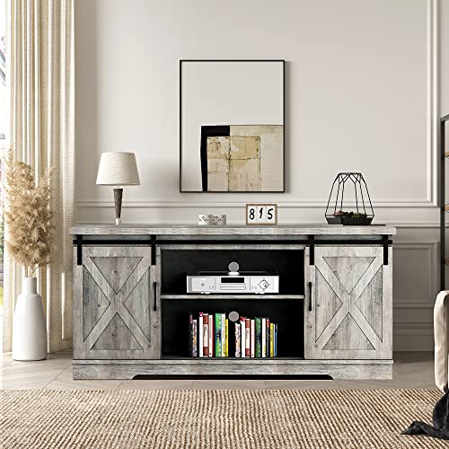 IDEALHOUSE Gray Barn Door TV Stand, Farmhouse Entertainment Center for 65 Inch TV, Modern Cabinet with Storage and Shelves, Livingroom