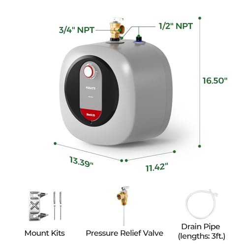 FOGATTI Electric Mini Tank Water Heater, 2.5 Gallon Point of Use Instant Hot Water Heater 120V 1440W, Under Sink, Wall or Floor Mounted, Easy to Install