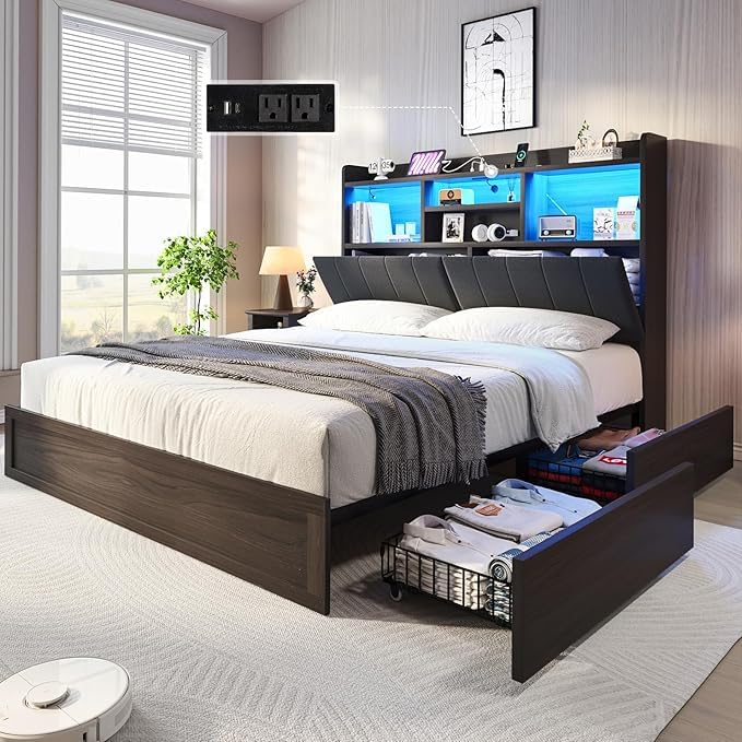 Full Farmhouse Bed Frame with Bookcase Headboard and 4 Drawers, LED Storage Bed with Charging Station & Linen Upholstered, No Box Spring Needed, Black