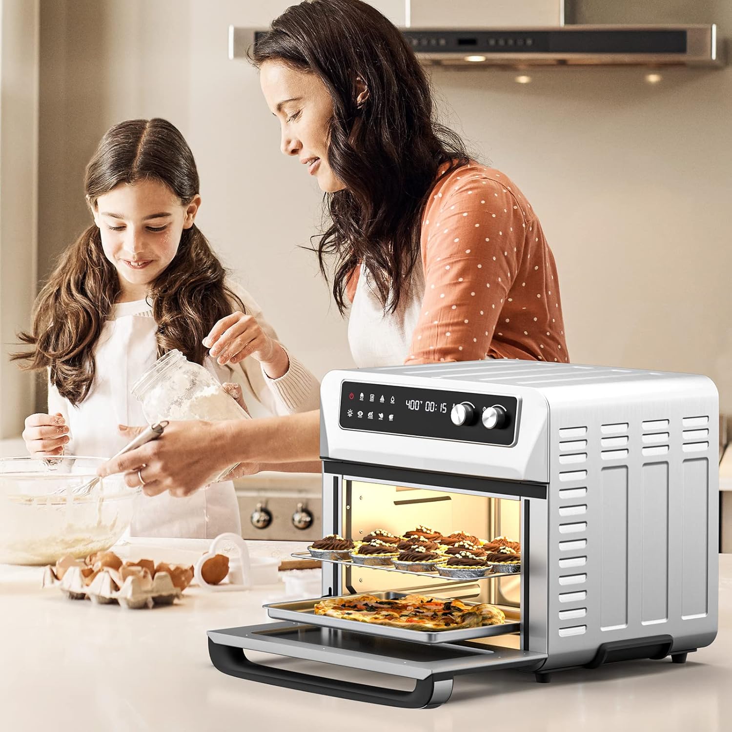 COSTWAY Air Fryer Toaster Oven, 21 QT Toaster Oven Air Fryer Combo with 8 Preset Functions, Smart Control Panel & LCD Display, Reminder Ring, Crumb Tray, 5 Accessories & Recipe Included, 1800W, Silver