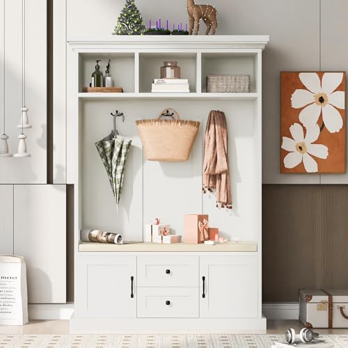 Hall Tree with 3 Hooks, Coat Hanger, Entryway Bench with Cushion, 3-in-1 Design, Storage Cabinet for Entrance, Hallway, Bedroom, Tiger