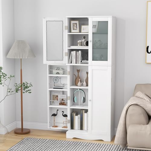 LOKO 63.5" Tall Kitchen Pantry Storage Cabinet, Utility Food Buffet Cabinet with Glass Doors, Storage Shelves, Door Racks, Freestanding Cupboard for Dining Room, Living Room (White)