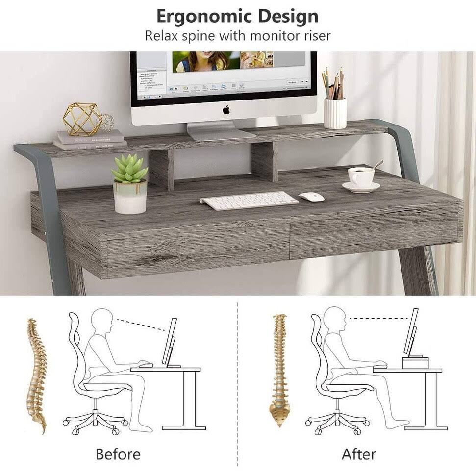 Tribesigns 47'' Computer Desk with 2 Storage Drawers and Monitor Stand - Oak Gray - Wood Finish