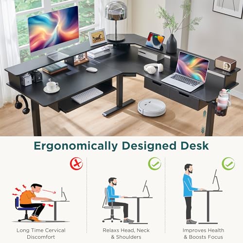 RedLemon 60 Inches L Shaped Electric Standing Desk,Height Adjustable Corner Gaming Desk with Drawers, Keyboard Tray, Power Outlets & LED Lights, Comnputer Desk with Monitor Shelf, Dark Rustic Oak