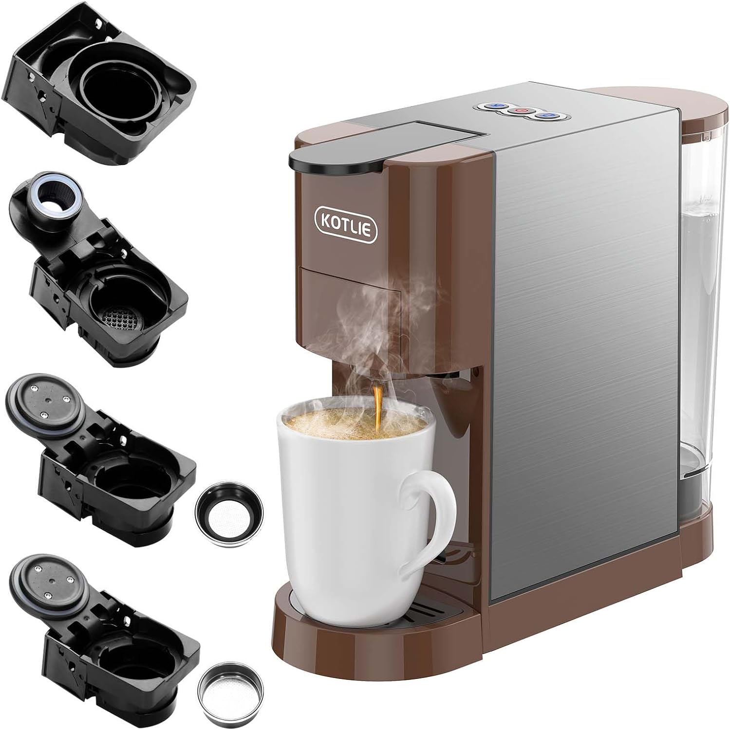 KOTLIE Multifunctional 4in1 Espresso Machine, 19Bar Pressure Single Serve Coffee Maker for Nespresso Original Capsule/Kcup Capsule/L’OR Capsule/illy 44mm ESE coffee bag/Ground Coffee