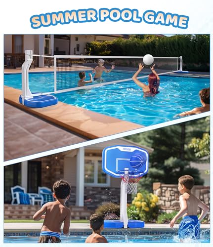2 in 1 Swimming Pool Basketball & Volleyball Game Set,includes Poolside Hoop, Balls, Net, and Pump,Ideal for Ages 6+ Kids/Adults,Suitable for All Inground Swimming Pools-BLUE