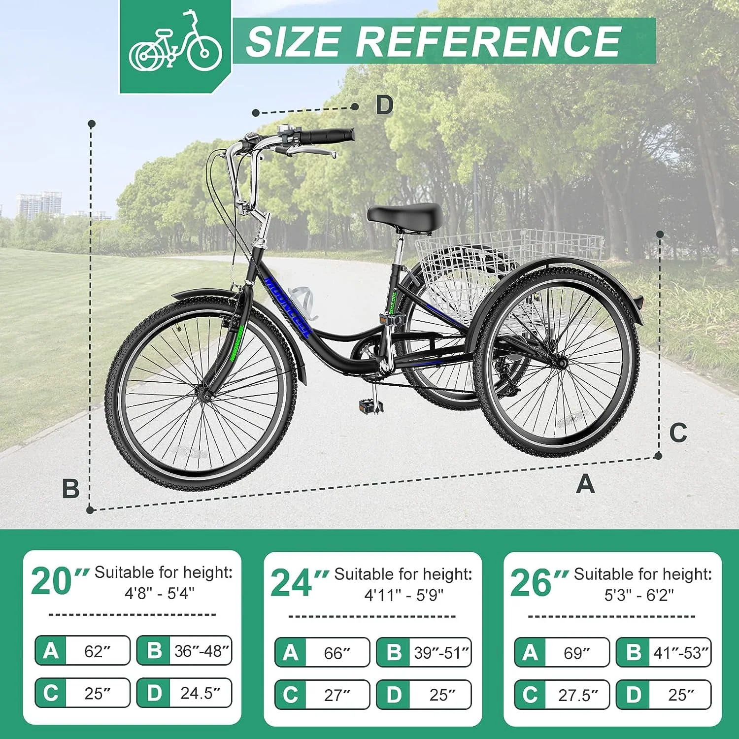 FICISOG 26 Adult Tricycle, 3 Wheel 7 Speed Bikes,450lbs Capacity Cruise Trike with Shopping Basket