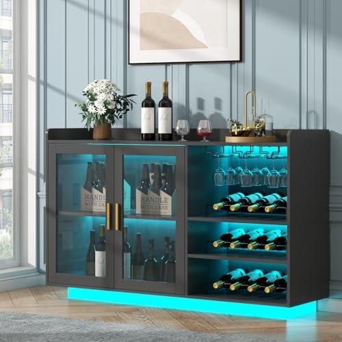 Loomie Wine Bar Cabinet with LED Lights, Floating Coffee Bar with Glass Rack and Removable Wine Racks, Modern Buffet Sideboard with Storage Shelves, Kithchen Bar with Glass Cabinet Doors, Black
