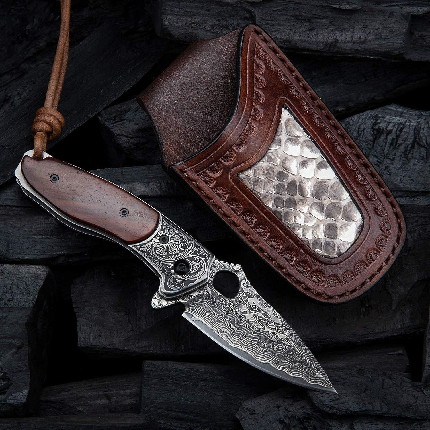SPIRIT DEED EDC Pocket Knife for Men,2.5in Japanese Handmade VG10 Damascus Steel,Rosewood Handle,Liner Lock,Leather Sheath,Folding Knives for Camping and Hunting (Rosewood, 2.8)