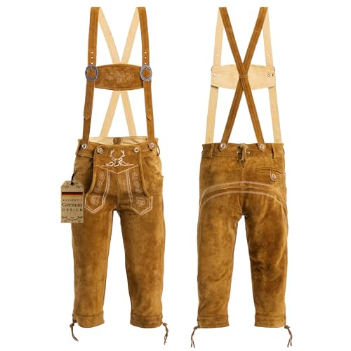 Lederhosen Men - Genuine Leather Authentic German Lederhosen for Men, Oktoberfest Outfit - Light Brown Knee