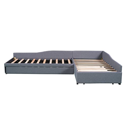 SOFTSEA Upholstered Double Twin Size Daybed with Trundle and Drawer, Twin Size Double Beds Corner Bed, 3 Beds in 1, Gray