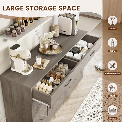 55" Sideboard Buffet Cabinet with Storage, Large Kitchen Storage Sideboard with Drawers & Doors, Modern Wood Farmhouse Coffee Bar Cabinet, Buffet Table for Kitchen, Dining Room, Living Room, White