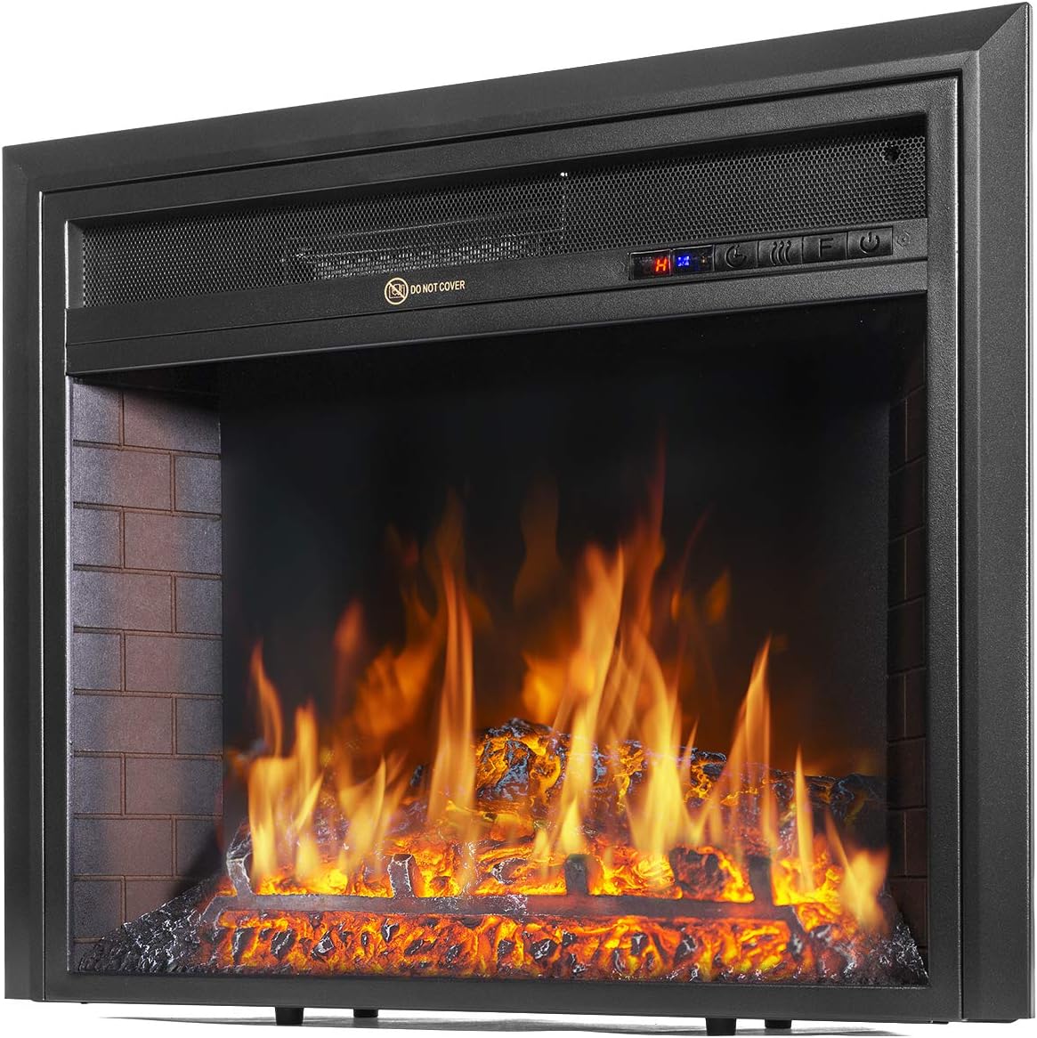 Barton 26" Electric Fireplace Insert 3D Flame Stove Adjustable Flame Timer Heater Firebox Logs with Remote Control, Black