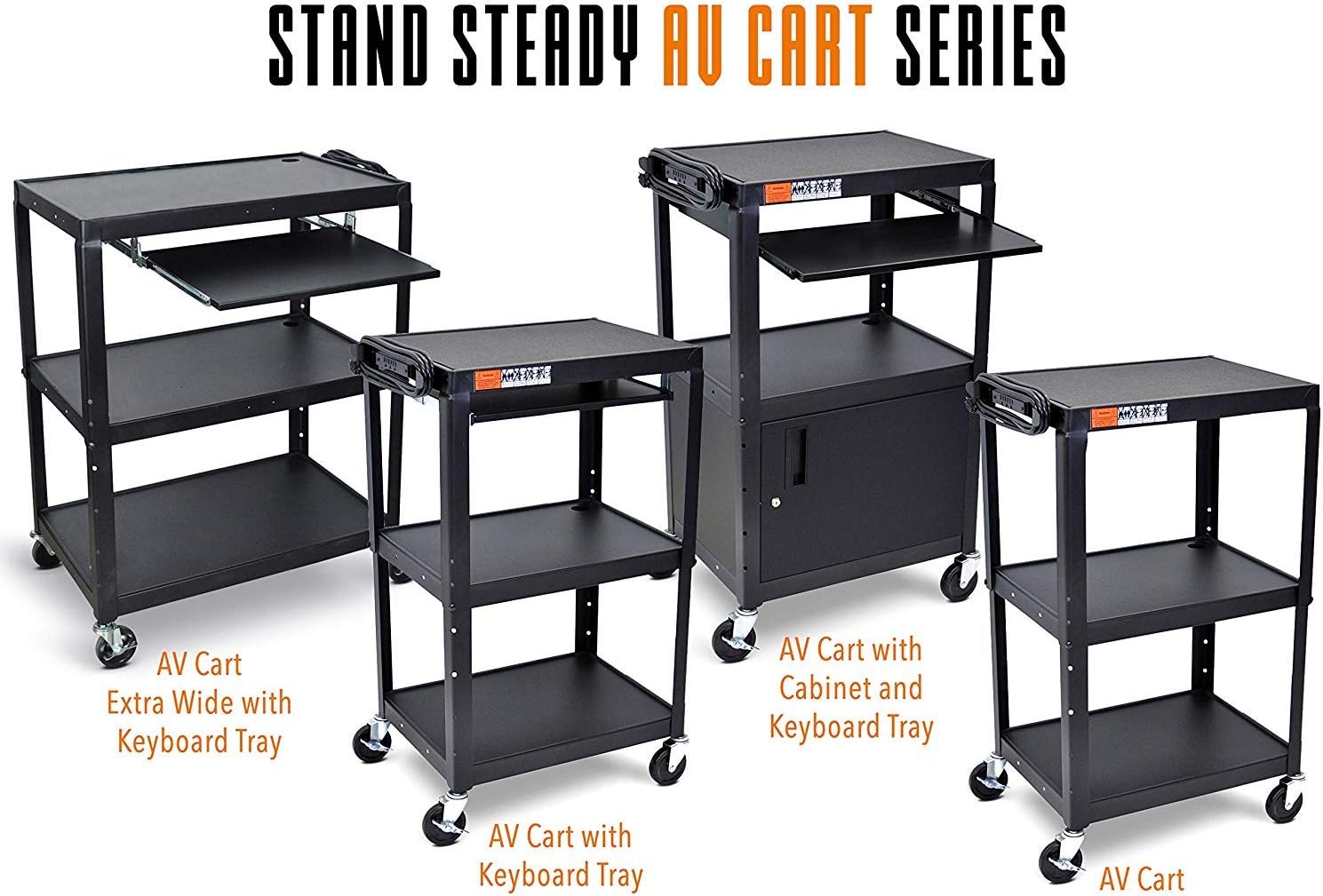 Line Leader Large AV Cart with Retractable Keyboard Tray | Height Adjustable Utility Cart | Includes Pullout Keyboard Tray & Cord Management | Easy Assembly (34in x 18in x 42in / Black)