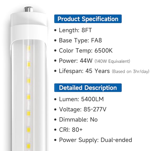 SHINESTAR 20-Pack 8FT LED Bulbs, Ballast Bypass, 44W 6500K Daylight, F96T12 LED Replacement for T8 T10 T12 Fluorescent Tubes, FA8 Single Pin, Dual-end, Clear Cover