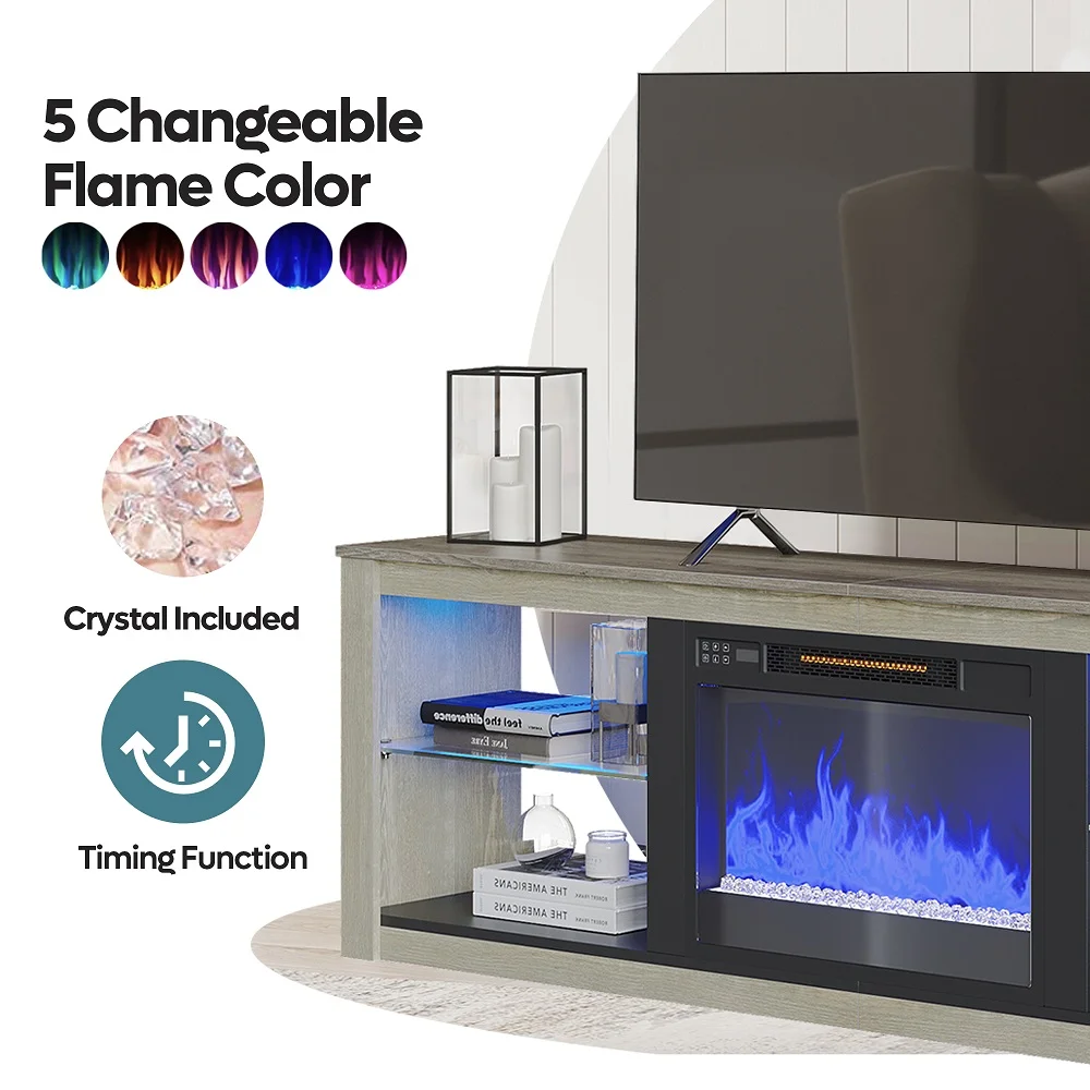 Bestier Modern Electric Fireplace TV Stand for TVs up to 75" with LED Light in Wash White+Grey