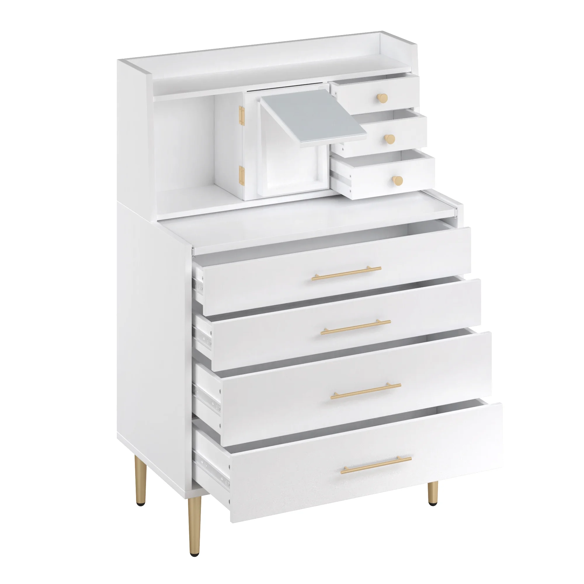 Vanity Makeup Table with Mirror and Retractable Table, Storage Dresser for Bedroom with 7 Drawers and Hidden Storage,White