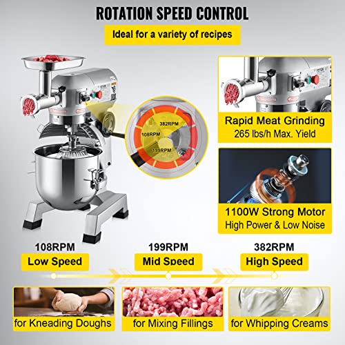 VEVOR Commercial Food Mixer, 8.5Qt Capacity, 450W Dual Rotating Dough Kneading Machine with Food-grade Stainless Steel Bowl, Security Shield & Timer Included, Baking Equipment for Restaurant Pizzeria
