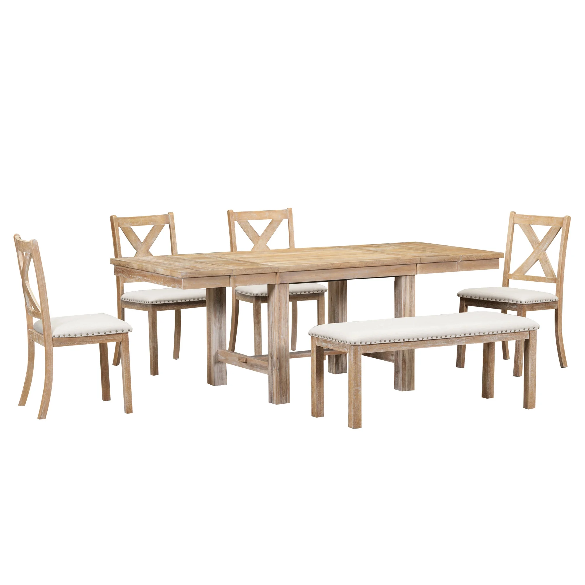 Churanty Farmhouse Extendable Dining Table Set for 6, Solid Wood Rectangular Kitchen Table Set with Removable Leaf,4 Upholstered Chairs and Bench, Natural