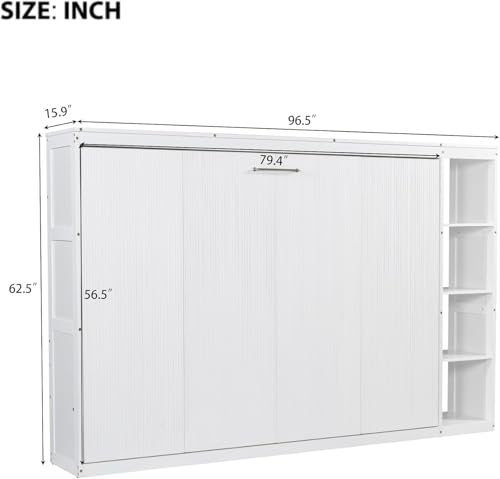 Full Murphy Bed with Storage Shelves,Wood Murphy Bed Cabinet with Storage Bookcase,Fold Up Bed Modern Murphy Wall Bed Full Size (White,Full)