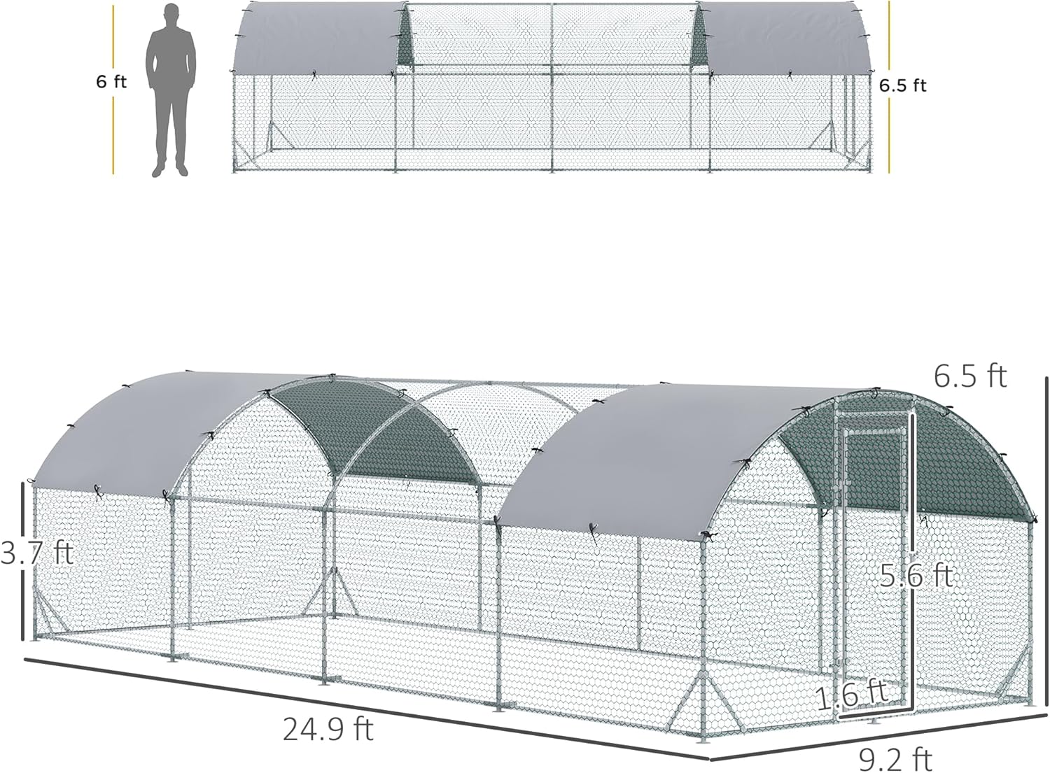 PawHut Chicken Run Large Metal Chicken Coop with Waterproof and Anti-UV Cover, Dome Shaped Walk-in Fence Cage Hen House for Outdoor and Yard Farm Use, 1" Tube Diameter, 9.2' x 24.9' x 6.5'